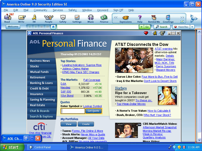 AOL client application with desktop scrollbar activated
