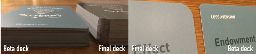 Detail photo showing differences between beta and final cards.