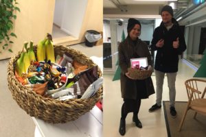 Photo collage showing a basket full of treats on the left and two researchers holding the basket on the right.