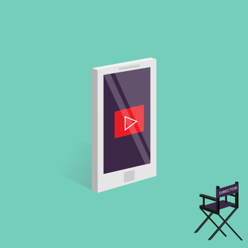 Illustration of a director's chair positioned to view a movie shown on a mobile phone.