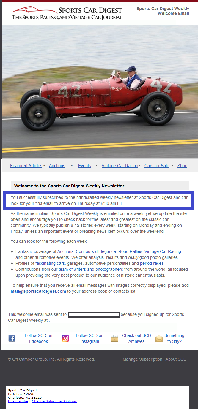 Sports Car Digest sets expectations for email delivery