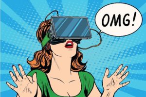 A cartoon image of a woman wearing VR headset, yelling "OMG!"