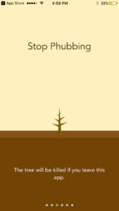 Screen three of the tutorial. Text says "Stop Phubbing. The tree will be killed if you leave this app."