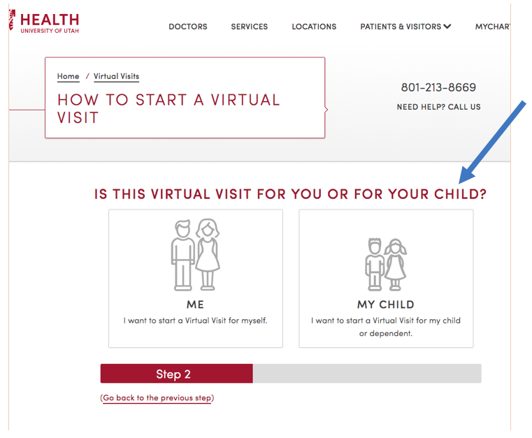 Screen grab from step 2 of 5 in the Virtual Visits process.