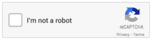 Image shows a check box with the field label of "I'm not a robot." There is a refresh icon with links to privacy and terms.