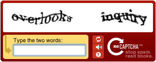 Image shows two words, both struck-through and on curving baselines. A form field has the label "Type the two words." There are the options to refresh the words, hear them spoken, and get more info.