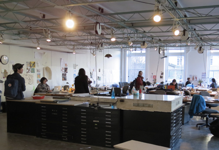Design students working in a studio in the design school at Carnegie Mellon University.