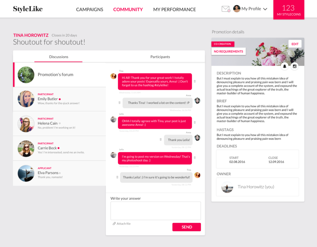Screenshot of StylLike’s app design with a chat discussion.