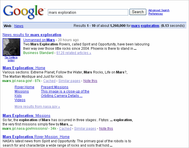 Google results for mars exploration