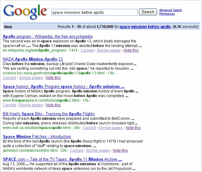 Google results for space missions before apollo.  All discuss Apollo missions, not previous missions.