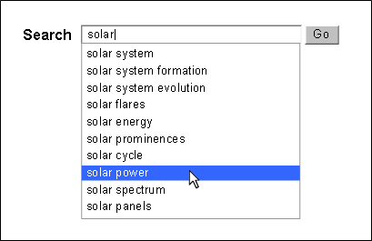 options to complete query on solar; includes solar system, solar power, and others