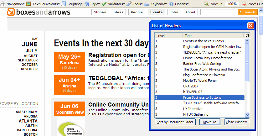 A headers dialog showing the structure of the Boxes and Arrows events page