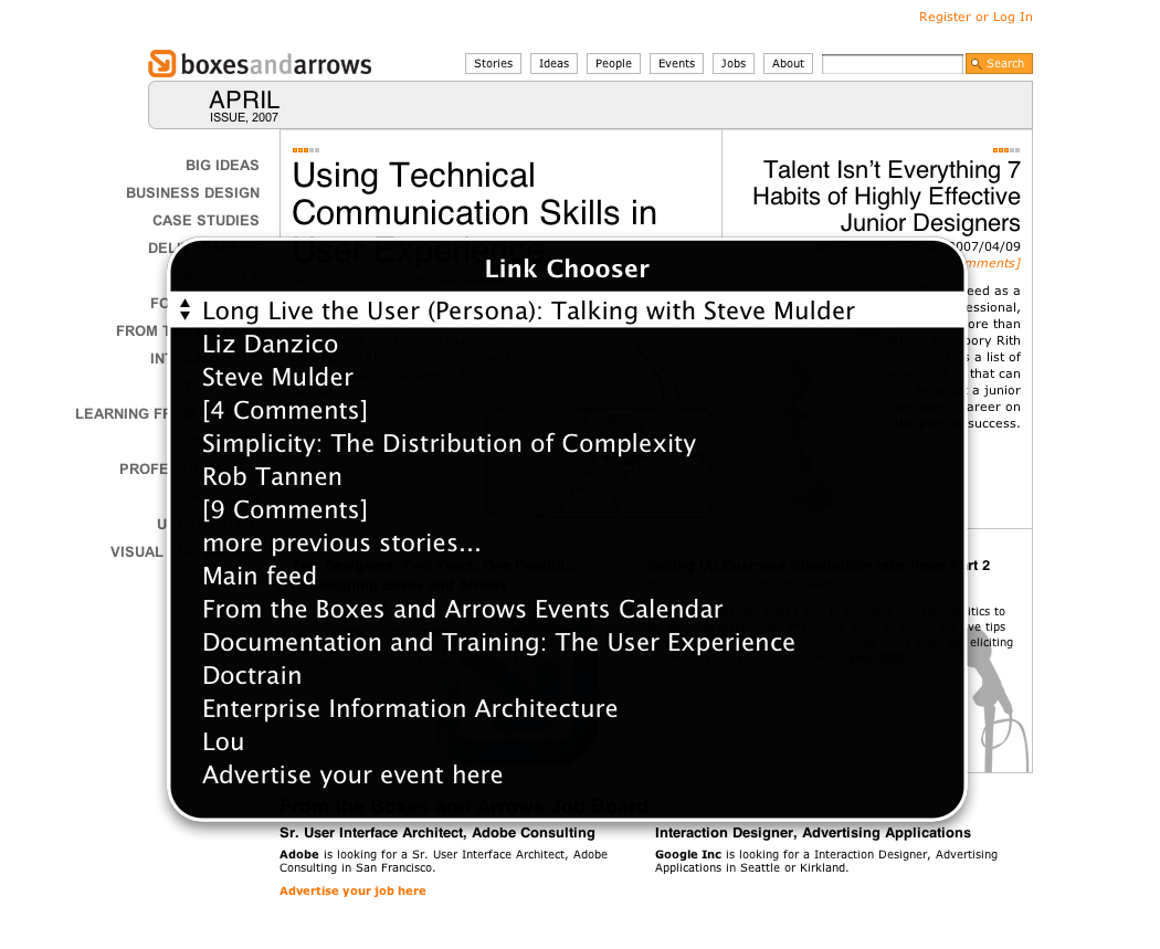 A dialog showing an automatically generated list of links over the Boxes and Arrows events page