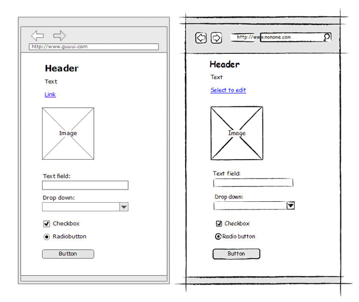 Comparison of the sketchy wireframe stencils by Niklas Wolkert (right) and traditional ones by Henrik Olsen (left) at guuui.com. Image credit: Henrik Olsen.