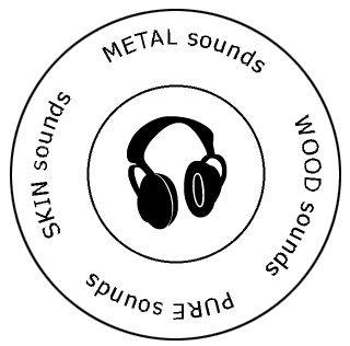 A circular diagram showing headphones in the center surrounded by the words metal sounds, wood sounds, pure sounds, and skin sounds.