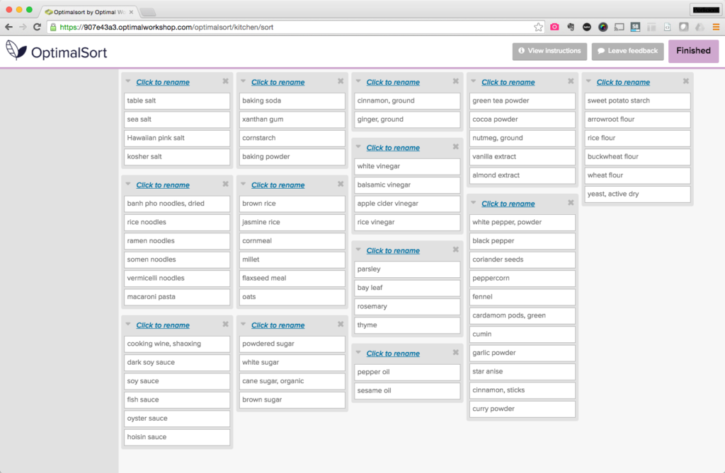 Screenshot of my card sort showing all 64 cards in groupings.