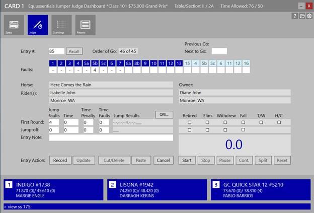 Screen grab of the GUI for the score sheet for an individual horse.