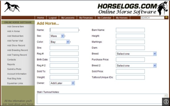 Screen grab of a GUI with many form fields for adding a horse.