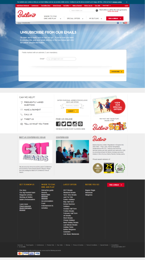 Butlins' unsubscribe screen