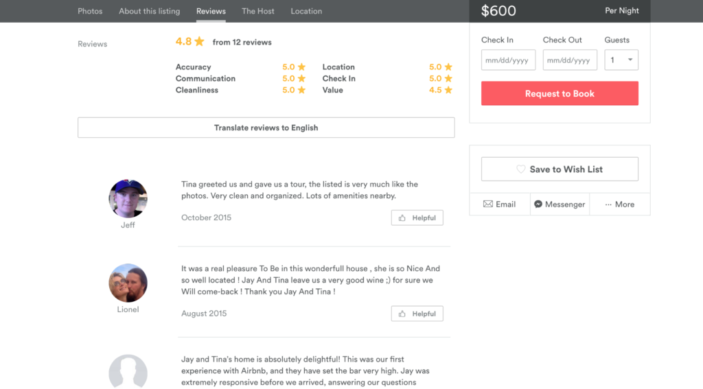 Screenshot of guest reviews on AirBNB’s website, which includes written reviews and review scores in several categories from many users.