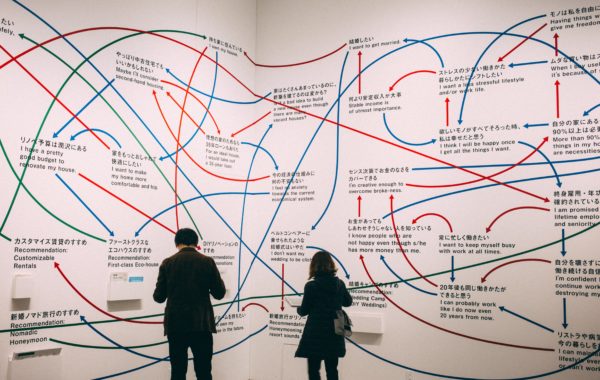 people viewing a complex systems diagram on walls